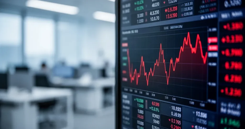 Cyfrowa tablica giełdowa z czerwonymi liniami spadkowymi i danymi finansowymi na rozmytym tle biurowym.