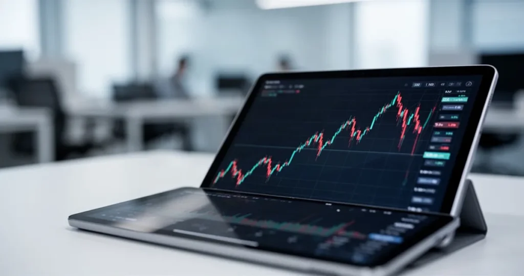 Wykres finansowy z trendem spadkowym wyświetlony na ekranie tabletu w biurowym otoczeniu.
