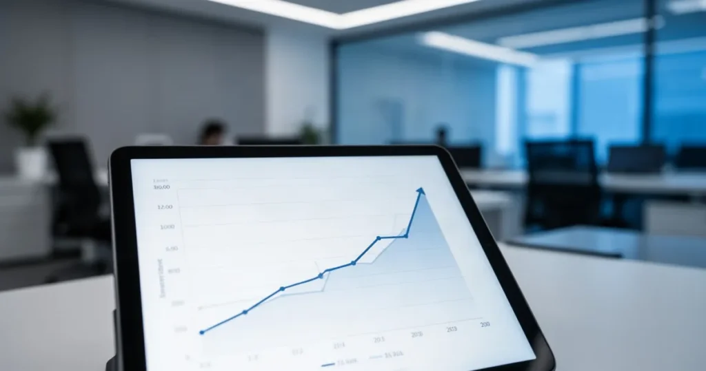 Sinsay planuje zwiększyć ofertę produktową na nowej platformie do 100 tys. w 2027 roku Zbliżenie na ekran tabletu z profesjonalnym wykresem wzrostu finansowego i linią trendu rosnącego w nowoczesnym biurze.
