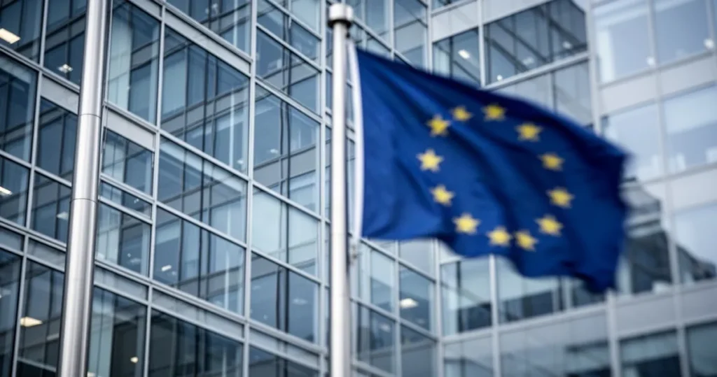 Nowoczesny biurowiec ze szkła z rozmytą flagą Unii Europejskiej w tle, utrzymany w tonacji niebiesko-srebrnej.