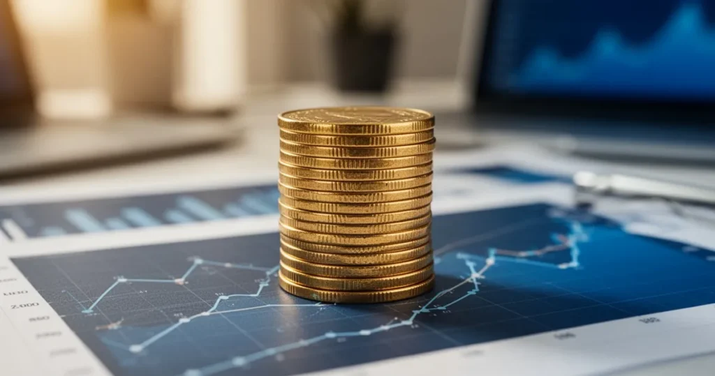 Istotna informacja dla Polek. ZUS może zwiększyć emeryturę za czas opieki nad dziećmi Stos złotych monet spoczywający na profesjonalnych wykresach finansowych w biurowym otoczeniu.