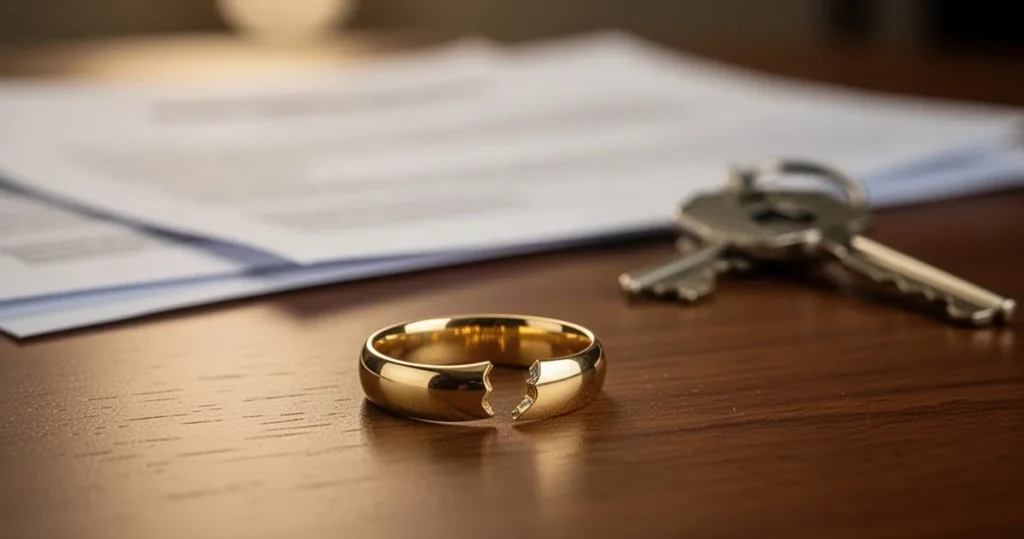 Rozwód a wspólne mieszkanie. TSUE rozstrzygnie, co liczy się bardziej: adres nieruchomości czy miejsce zawarcia małżeństwa Pęknięta złota obrączka ślubna leżąca na drewnianym stole obok klucza do domu i nieostrych dokumentów prawnych.