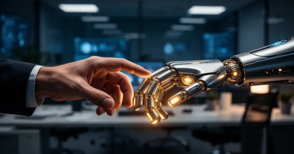 Dlaczego ludzie wciąż są niezastąpieni w erze inteligentnych maszyn Zbliżenie dłoni człowieka delikatnie dotykającej świecącej dłoni robota w nowoczesnym biurze.
