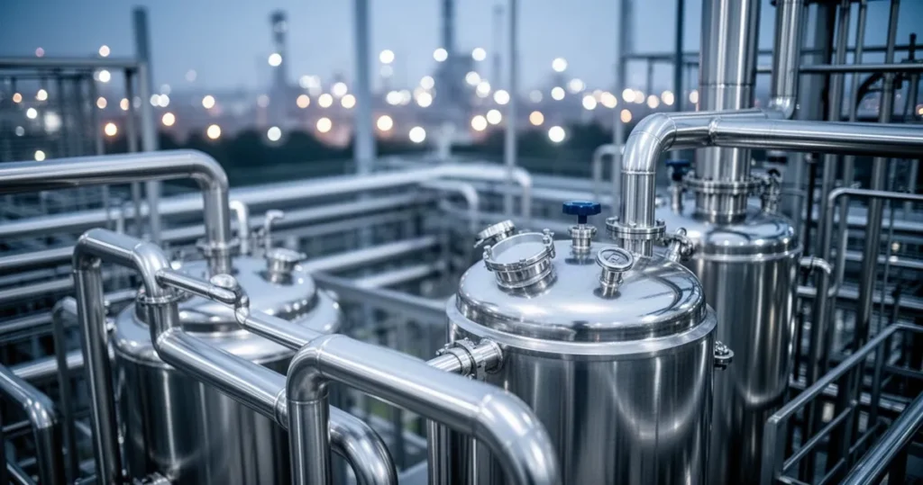 Nowoczesna instalacja chemiczna z metalowymi rurociągami i reaktorami w zakładzie produkcyjnym w Ludwigshafen.