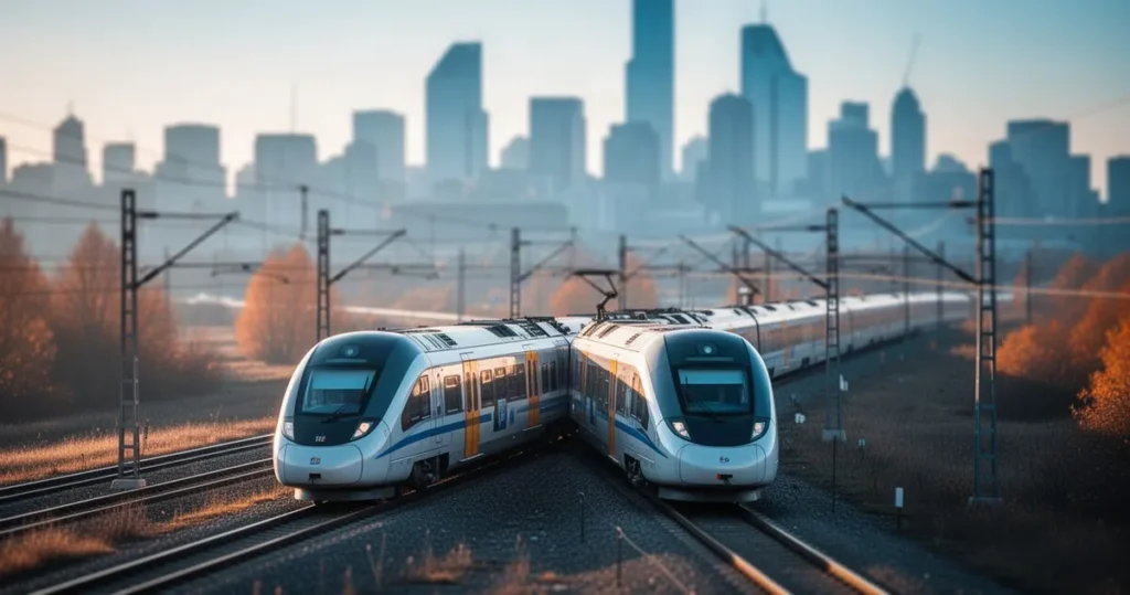 PKP Intercity dostanie ponad 512 mln zł wsparcia w ramach programu FEnIKS Nowoczesny pociąg elektryczny jadący w promieniach słońca przez krajobraz na tle zarysów miasta.