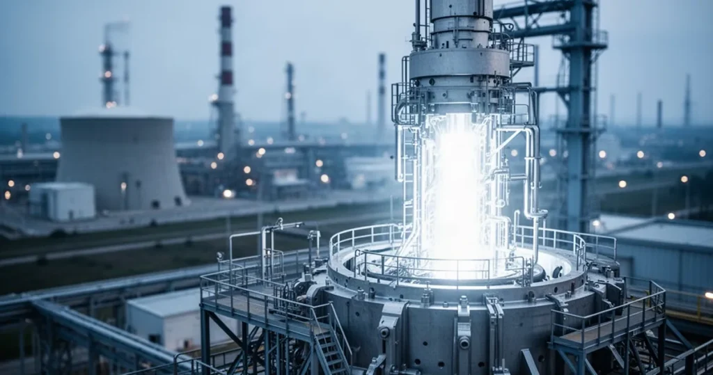 Nowoczesny reaktor elektrowni jądrowej z jaskrawym światłem na tle industrialnego krajobrazu w chłodnej tonacji.