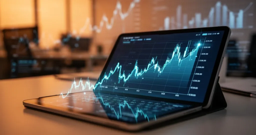 Zbliżenie na świecący cyfrowy wykres finansowy na ekranie tabletu w biurowym otoczeniu.