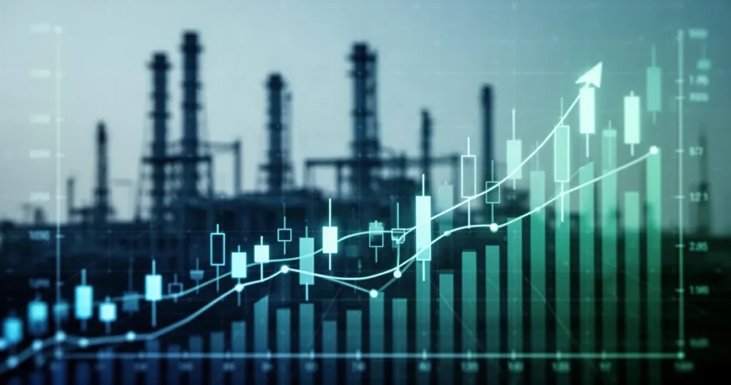 PGE wygrała aukcję uzupełniającą na 2027 rok z co najmniej 1859 MW obowiązku mocowego Cyfrowa wizualizacja sieci energetycznej z rosnącymi wykresami słupkowymi na tle nowoczesnej infrastruktury przemysłowej.