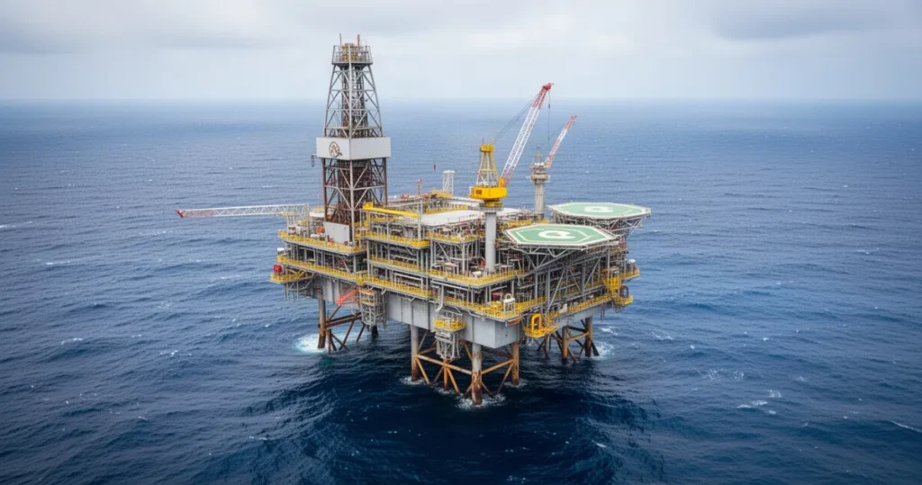 Argentyna zapowiada sankcje wobec firm naftowych działających u wybrzeży Falklandów Nowoczesna platforma wiertnicza na środku otwartego oceanu z widocznymi metalowymi konstrukcjami i żółtymi elementami.