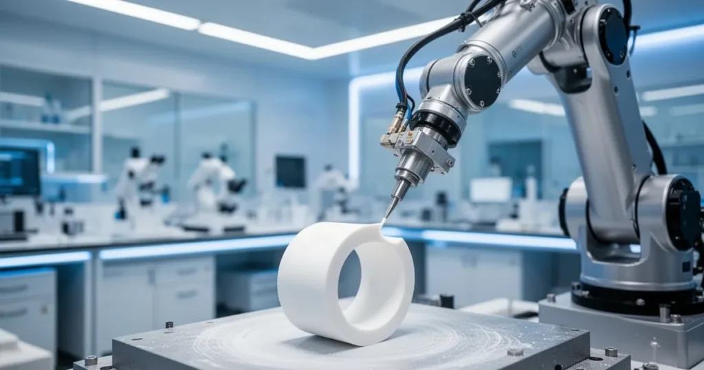 Jak powstają ceramiki techniczne Zrobotyzowane ramię precyzyjnie formujące element z białej ceramiki technicznej w nowoczesnym laboratorium.