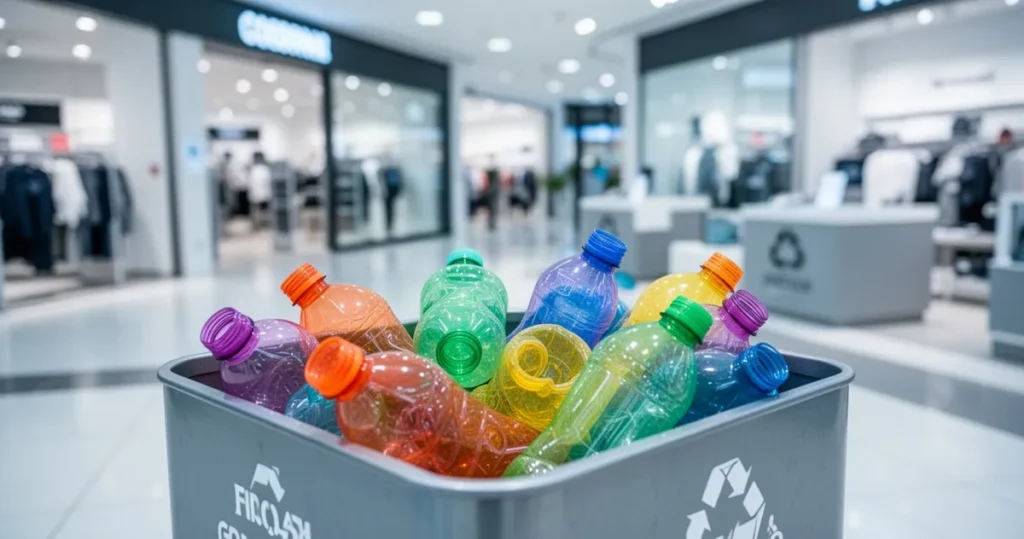 Kolorowe plastikowe butelki wrzucane do pojemnika na odpady segregowane na tle nowoczesnego wnętrza sklepu.