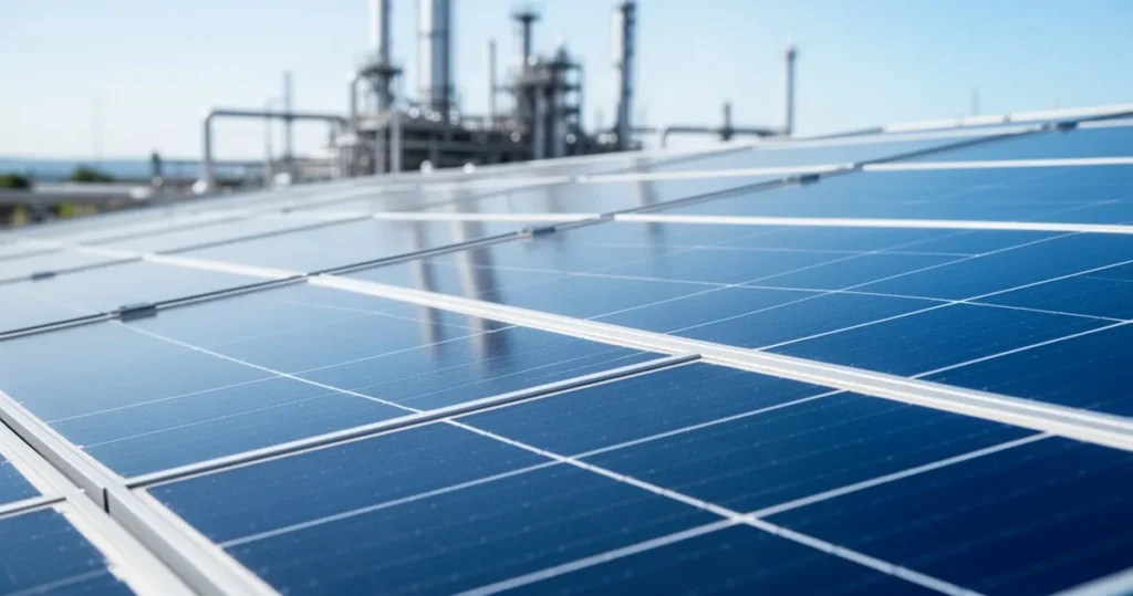 Unibep zbuduje farmę fotowoltaiczną dla OPEC Grudziądz. Wartość kontraktu to 103,7 mln zł Nowoczesne panele fotowoltaiczne odbijające błękit nieba na tle rozmytego zakładu przemysłowego.