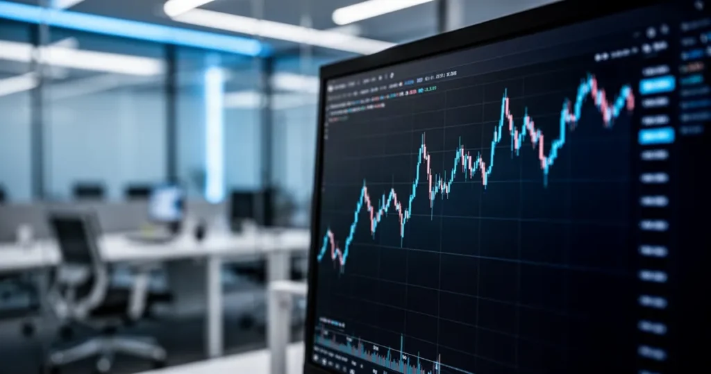 PayPal wstrzymuje sprzedaż portfela venture capital po zbyt niskich ofertach Świecący cyfrowy wykres trendów giełdowych na ciemnym ekranie na tle rozmytego, nowoczesnego biura.