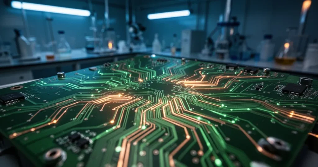 Zbliżenie na zieloną płytkę drukowaną z jarzącymi się miedzianymi ścieżkami w nowoczesnym laboratorium elektronicznym.