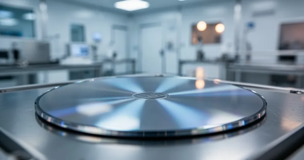 Dlaczego czystość materiałów ma znaczenie w elektronice? Zbliżenie na nieskazitelną płytkę krzemową odbijającą niebieskie światło w sterylnym laboratorium technologicznym.
