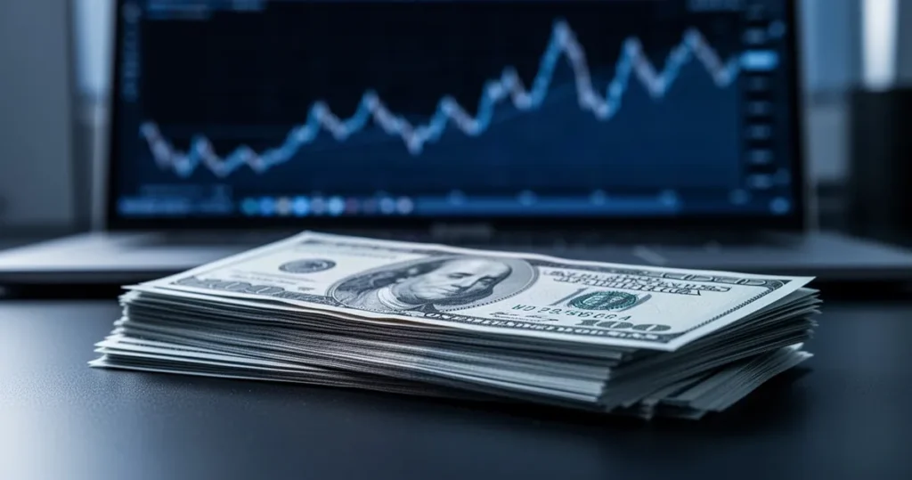 Stos banknotów na ciemnym biurku, w tle rozmyty wykres finansowy na ekranie komputera.