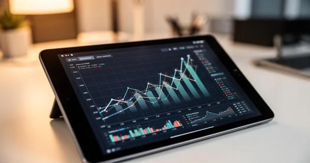 Tablet z wykresami wzrostu finansowego i trendami gospodarczymi na ekranie w profesjonalnym biurowym otoczeniu.