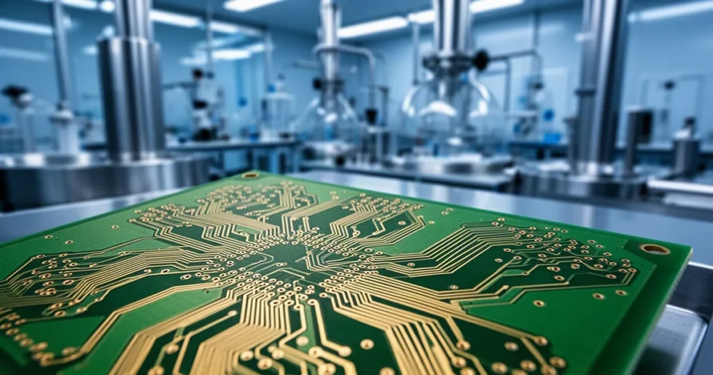 Zbliżenie na zieloną płytkę drukowaną z wyraźnymi złotymi ścieżkami na rozmytym tle laboratorium technicznego.