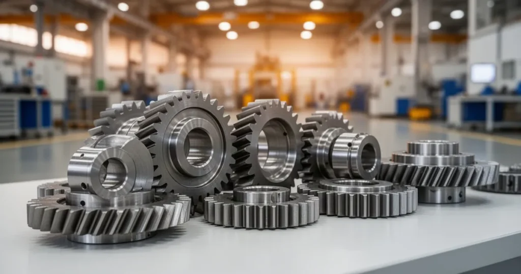 Zamówienia w niemieckim przemyśle wzrosły dzięki sektorowi sprzętu transportowego Zbliżenie na metalowe koła zębate i komponenty mechaniczne na czystym stanowisku pracy w nowoczesnej fabryce.