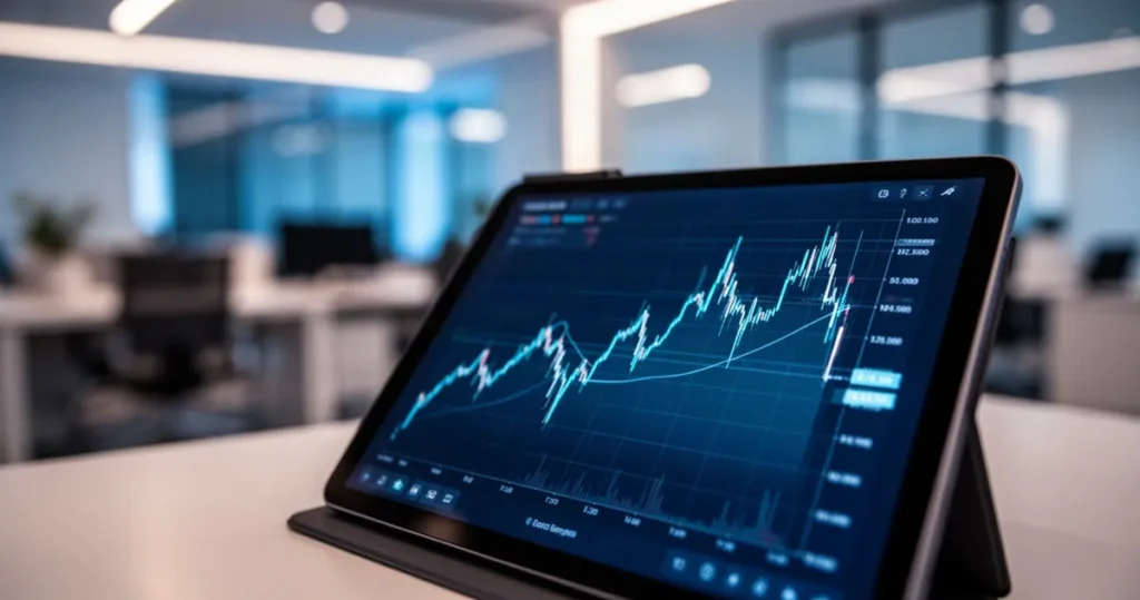 Wykres finansowy wyświetlony na tablecie w nowoczesnym biurze.