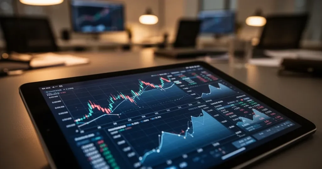 Tablet z wyświetlonymi wykresami finansowymi i danymi analitycznymi w profesjonalnym biurze.