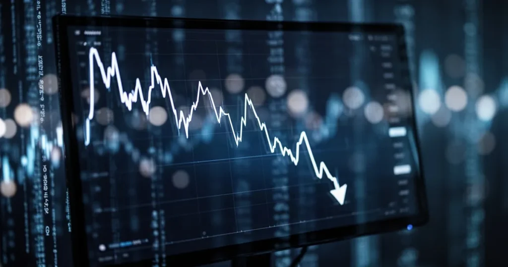 Cyfrowy wykres finansowy z linią trendu spadkowego na ciemnym monitorze z rozmytymi strumieniami danych w tle.