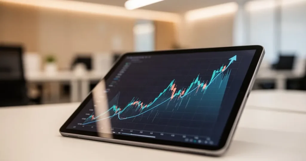 Stylizowany rosnący wykres finansowy na ekranie tabletu w biurowym otoczeniu.