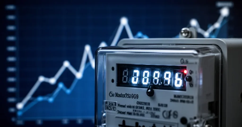 Cyfrowy licznik energii elektrycznej z widocznymi świecącymi cyframi na tle abstrakcyjnych, rosnących wykresów finansowych.