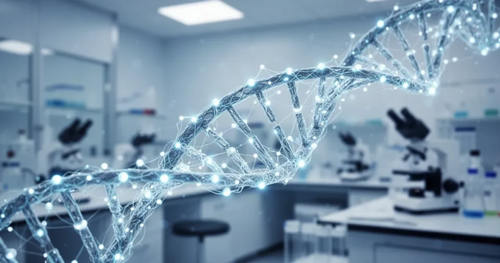 Szef brytyjskiego giganta chipowego twierdzi, że AI wyleczy raka za naszego życia Nici DNA splecione z węzłami sieci neuronowej w nowoczesnym laboratorium o niebiesko-białej tonacji.