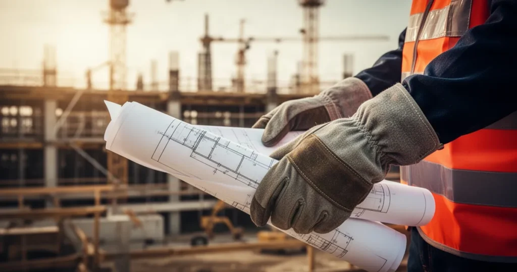 Budownictwo i przemysł na czele rynku pracy. Firmy planują nowe zatrudnienia Pracownik budowlany w rękawicach trzymający plany architektoniczne na tle placu budowy.