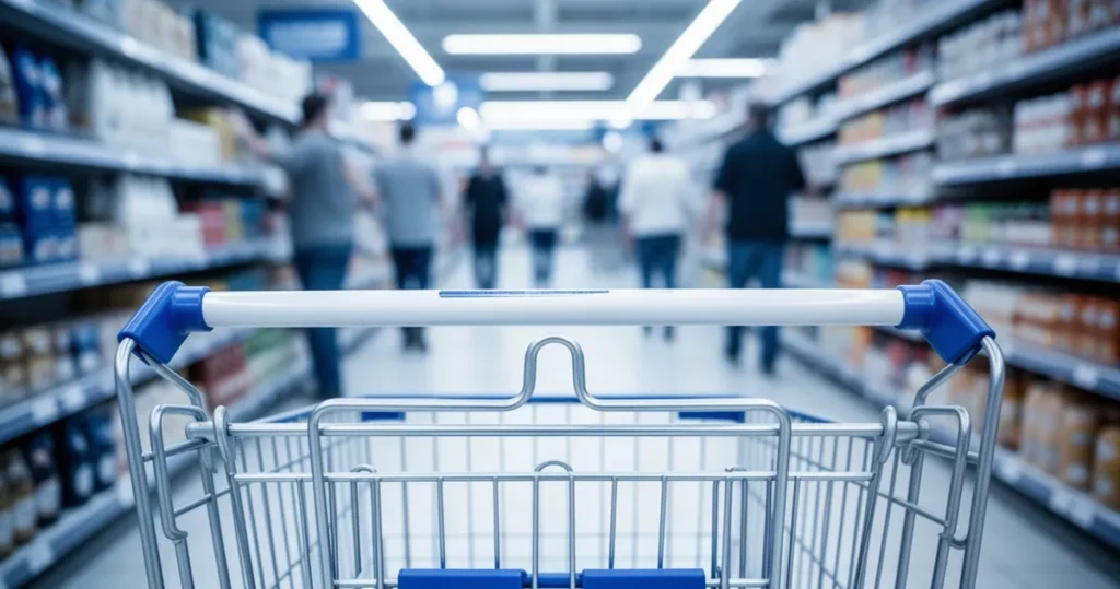 Zbliżenie na rączkę nowoczesnego wózka sklepowego na tle rozmytej alejki w supermarkecie.