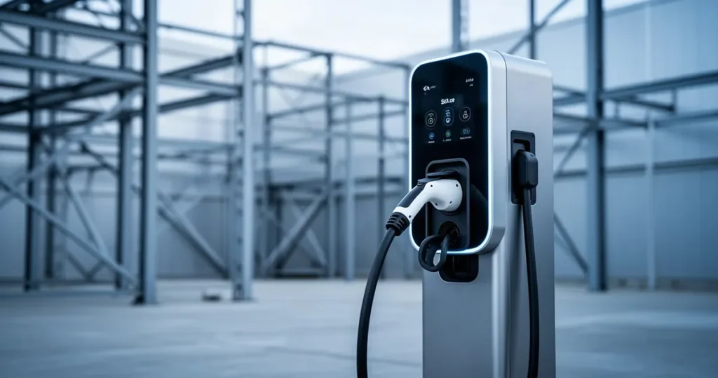 Nowoczesna stacja ładowania aut elektrycznych w europejskim kompleksie przemysłowym utrzymana w chłodnej tonacji.