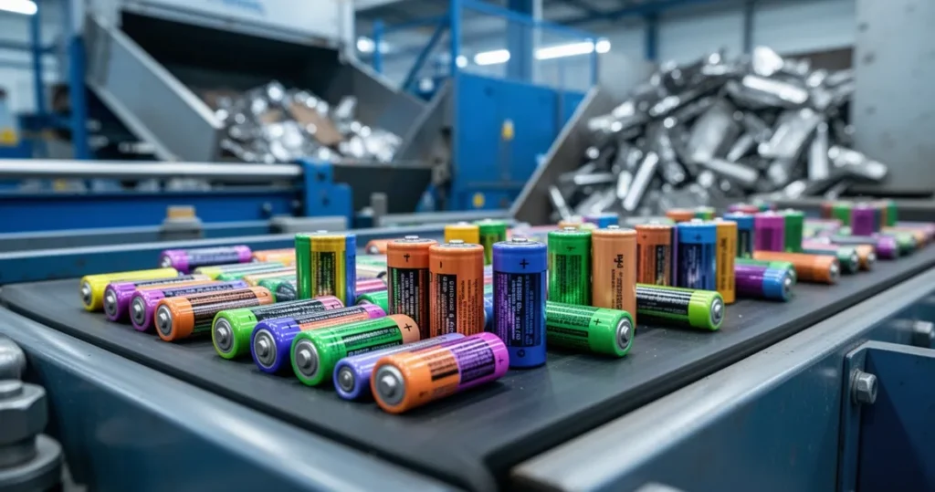 Kolorowe zużyte akumulatory i ogniwa na taśmie produkcyjnej w zakładzie recyklingu w otoczeniu maszyn sortujących.