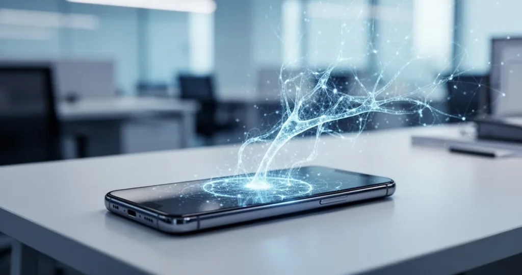 Nowoczesny smartfon leżący na biurku, z którego ekranu wyłania się świetlisty, cyfrowy wzór sieci neuronowej.
