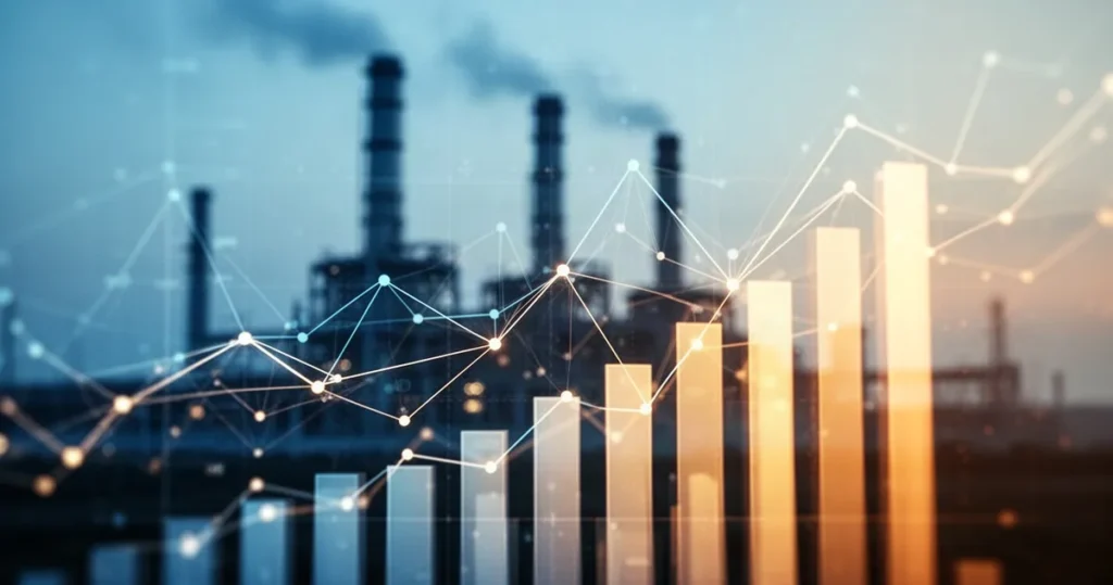 Ceny prądu pod presją gazu. Eksperci: to najtrudniejszy moment w tym roku Wizualizacja sieci energetycznej i wykresów finansowych na tle zarysów elektrowni w odcieniach błękitu i bursztynu.