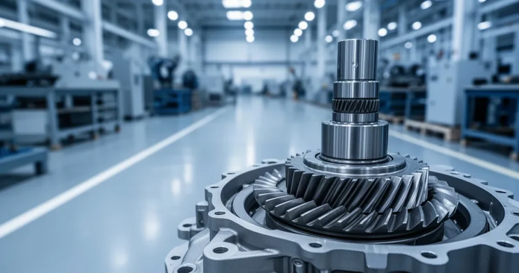 Zbliżenie na nowoczesny mechanizm przekładni samochodowej na tle rozmytej hali produkcyjnej w odcieniach błękitu i szarości.