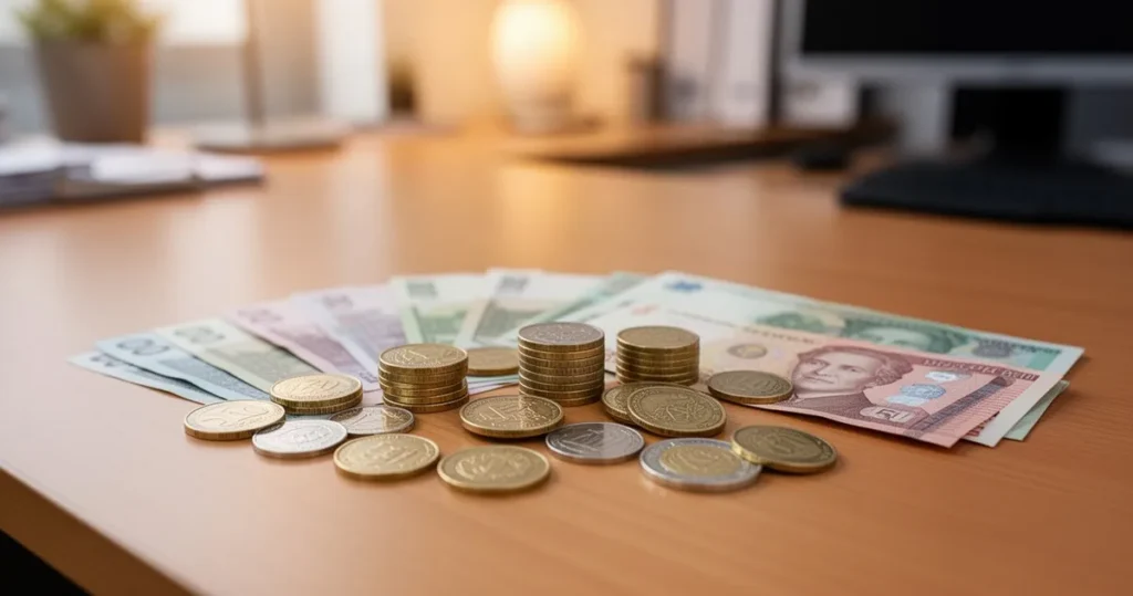 Różne międzynarodowe monety i banknoty starannie ułożone na drewnianym biurku w biurowym otoczeniu.