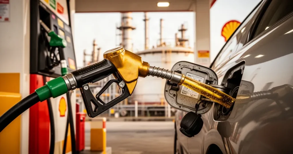 Pistolet dystrybutora wlewający paliwo do baku samochodu na stacji Shell, w tle zarys rafinerii.