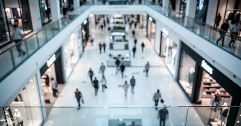 Niedziele handlowe wracają? Zapadła decyzja w sprawie otwarcia sklepów przez cały tydzień Wnętrze nowoczesnego centrum handlowego z jasnymi alejkami i rozmytymi postaciami kupujących w tle.