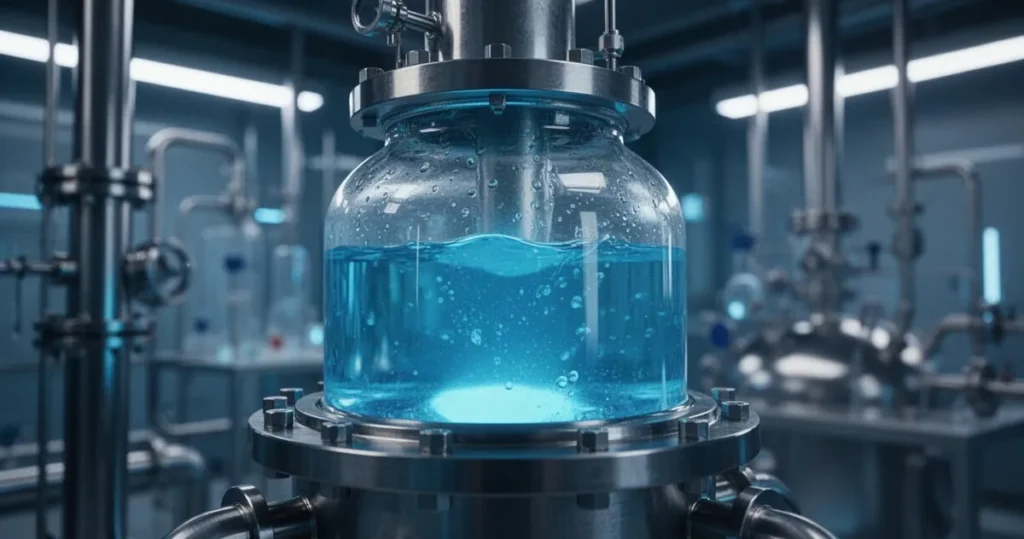 Jak powstają paliwa syntetyczne? Zbliżenie na reaktor chemiczny z jarzącym się niebieskim paliwem syntetycznym w nowoczesnym laboratorium.