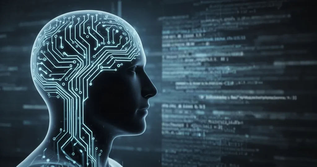 Sceptycyzm w Dolinie Krzemowej. Ostrzeżenia ekspertów przed AI ignorowane Cyfrowa sylwetka ludzkiej głowy z podświetloną siecią neuronową na tle abstrakcyjnego strumienia danych w odcieniach błękitu.