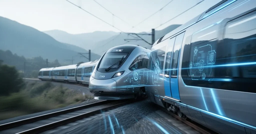 Alstom z kontraktem na budowę pociągów bateryjnych. Firma podpisała umowę Nowoczesny pociąg elektryczny w barwach niebiesko-srebrnych jadący przez malowniczy, lekko rozmyty krajobraz.