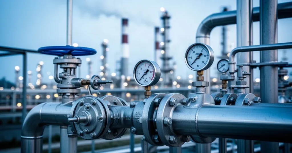 Na czym polega proces hydrorafinacji? Zbliżenie na metalowe rury, zawory i manometry w instalacji hydrorafinacyjnej na tle rozmytej rafinerii.