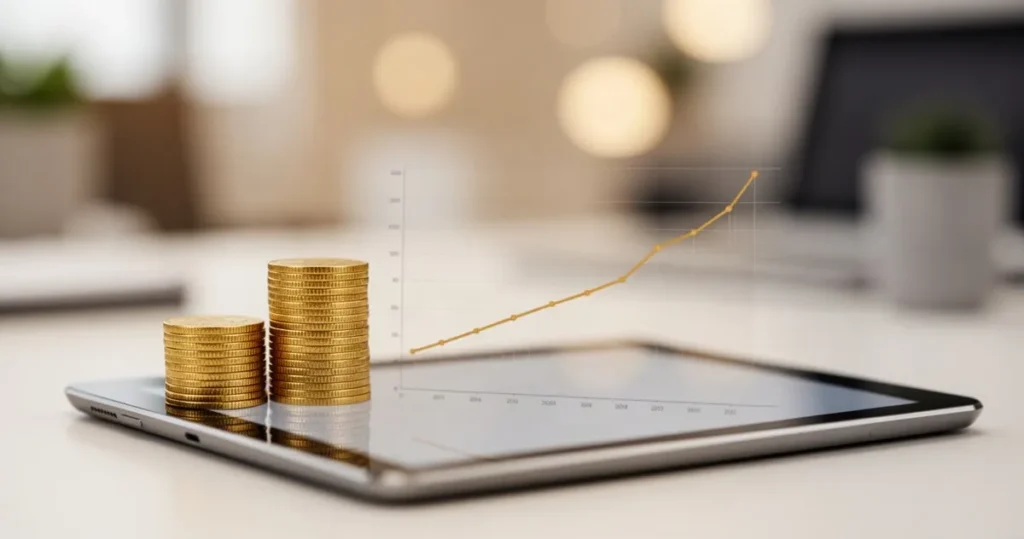 Minimalna emerytura w 2026 roku. Ile wyniosą świadczenia i komu przysługują dodatkowe dopłaty Stos złotych monet obok tabletu z wykresem wzrostu finansowego w profesjonalnym biurze.