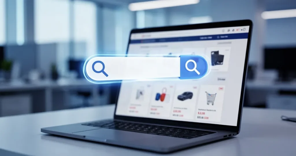 Świecąca ikona wyszukiwarki nad nowoczesnym interfejsem e-commerce na ekranie laptopa w biurowym otoczeniu.