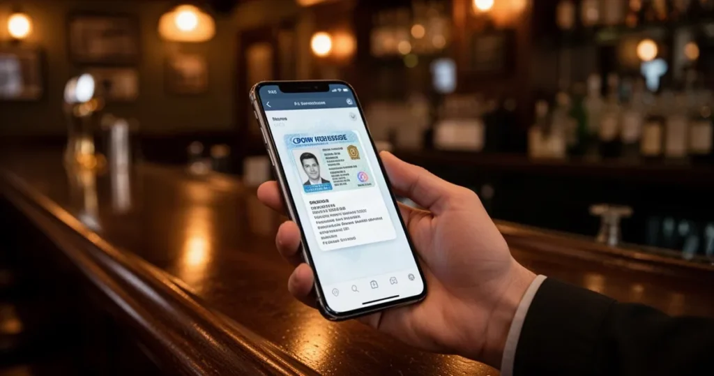 Dłoń trzymająca smartfon z cyfrowym dowodem tożsamości na ekranie w słabo oświetlonym wnętrzu pubu.