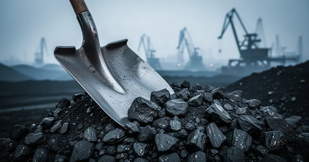 Metalowa łopata wbita w stertę czarnego węgla na tle rozmytego krajobrazu przemysłowego.