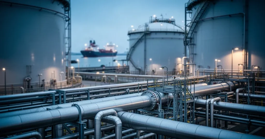 Zbliżenie na infrastrukturę terminala LNG z wielkimi zbiornikami i rurociągami, w tle rozmyty port i statki w chłodnych barwa