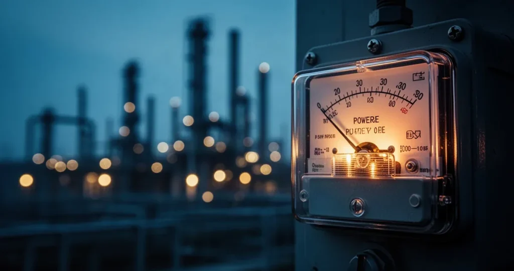 Zbliżenie na świecący licznik energii w zakładzie przemysłowym na tle rozmytej sylwetki fabryki w niebiesko-bursztynowym świe