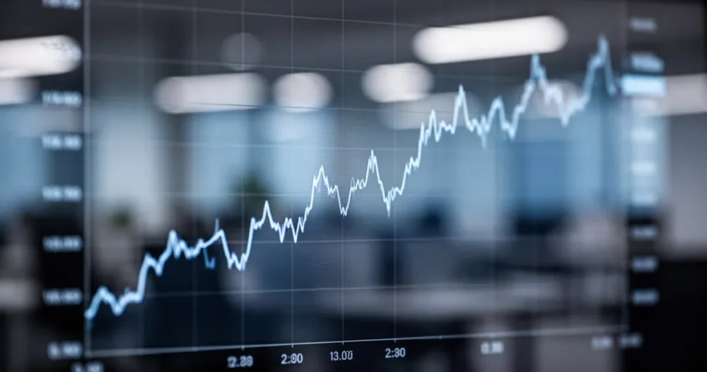 Wykres finansowy z linią spadkową na cyfrowym wyświetlaczu w tle biurowym.